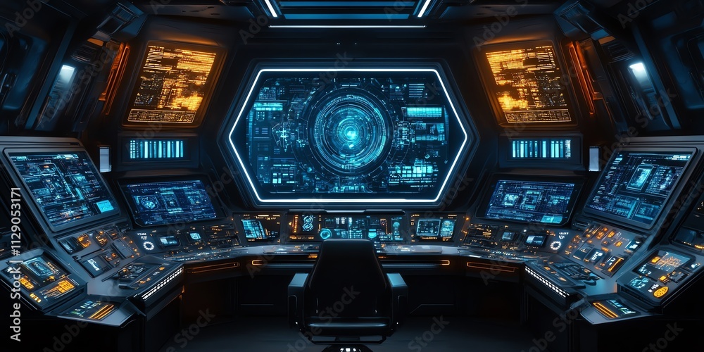 Poster Futuristic control room with advanced displays and interfaces for monitoring and navigation.