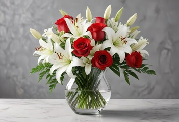 A red rose and white lily arrangement in a delicate glass vase, white lily, flowers, bouquet