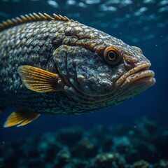 Obraz premium A scaly fish texture, with a blurred deep-sea environment.