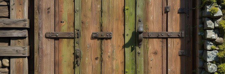 wooden door with moss and lichen on the hinges, lichen, algae