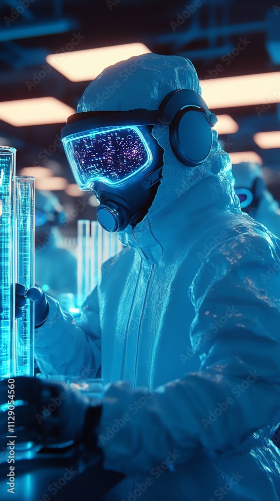Poster a scientist in protective gear works with glowing test tubes in a high-tech laboratory.