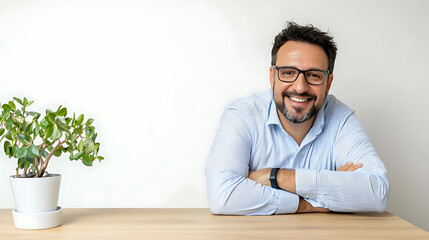 A man with glasses is sitting at a desk with a potted plant in front of him