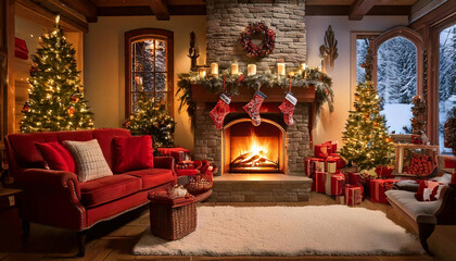 Fototapeta premium A cozy Christmas setting with a warm fireplace, stockings hung above, radiating calm and tranquility in a snowy winter wonderland, perfect for holiday relaxation.