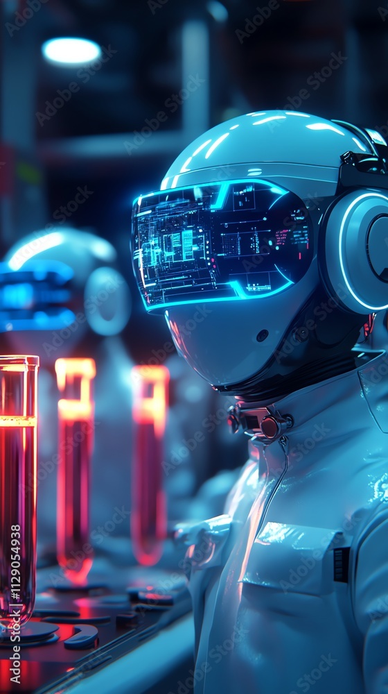 Poster futuristic lab scene with a humanoid robot and glowing test tubes.