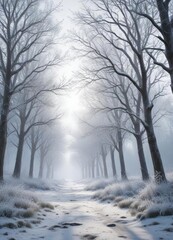 Fototapeta premium Winter trees coated in a layer of shimmering frost, icy conditions, frozen landscape, wintry, frozen branches