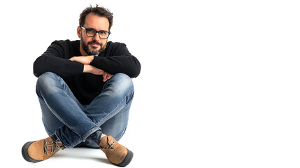 A man in a black sweater and jeans is sitting on the floor with his arms crossed