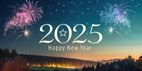 New Year's Eve Scene with Fireworks, Evergreen Trees, and 2025 in Elegant Font