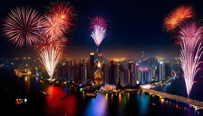 fireworks display, glowing city skyline, New Year’s Eve, colorful lights, vibrant city, dazzling fireworks, festive celebration, city skyline, nighttime celebration, festive atmosphere, vibrant lights