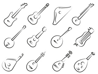 Set of stringed musical instruments. Set of stringed instruments with title in thin line.