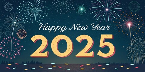 Festive New Year 2025 Graphic with Fireworks, Mustard Text, and Confetti