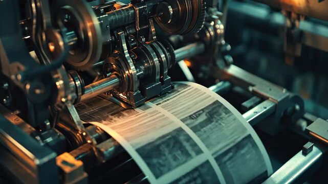 Vintage printing press action. Machinery craftsmanship of traditional print. Newspaper emerging, detailed text. Nostalgic atmosphere. Journalism, history. Old art black and white magazine. Daily news.