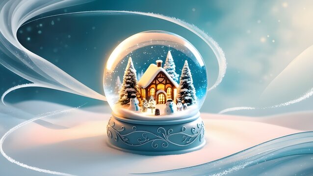 A wishful Christmas snow globe on an eve night with a blue abstract defocused background and snow falling