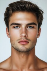 Naklejka premium Young man with striking blue eyes and well-defined facial features poses against a neutral background with a soft expression, showcasing his natural charm and confidence