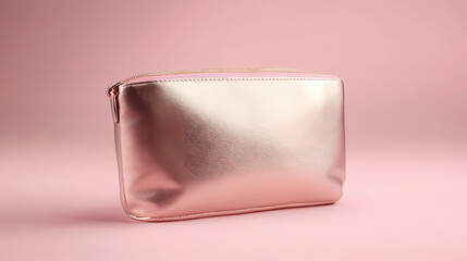 Rose gold cosmetic bag on pink background for beauty and fashion accessories