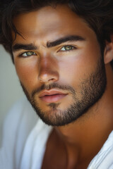 Obraz premium Striking portrait of a young man with piercing green eyes and tousled hair captured in natural light