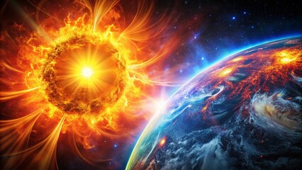 Obraz premium Majestic Solar Flare Activity on the Sun's Surface Captured in Slow Motion Amidst a Geomagnetic Storm - Stunning Close-Up View of Cosmic Forces at Play