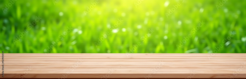 Poster A beautiful pine wood textured table top is set against a lush green grass lawn in a simple yet elegant template design._00002_