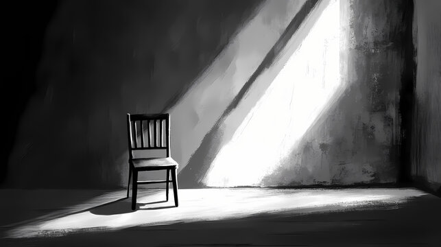 A chair sits alone in an empty room, the dim light revealing nothing but shadows and silence. Echo. Illustration
