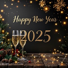 Happy New Year 2025 Greeting Card with Golden Text, Champagne Glasses, and Festive Decorations