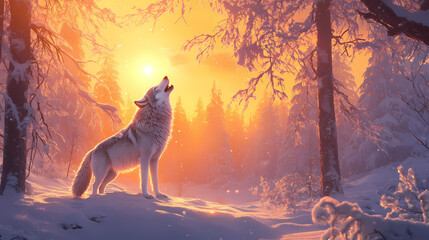 A majestic wolf howling in the snowy wilderness, surrounded by a tranquil forest landscape, under a soft, glowing light of dawn. Echo. Illustration