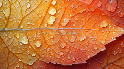 Fototapeta premium Close-up photography of raindrops resting on a vibrant autumn leaf, with intricate vein patterns and vivid orange hues highlighted by the moisture.