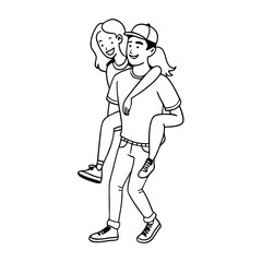 a black and white line drawing of a man carrying a woman on his back