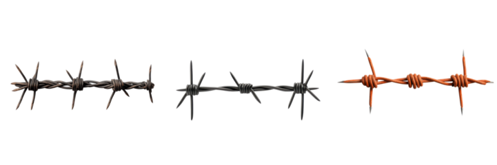 A series of barbed wire sections featuring varying colors and styles, showcasing sharp barbs and distinct patterns.