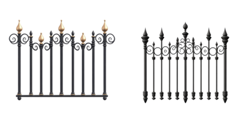 The image features two styles of decorative black fences, each with sharp, elegant spires and ornate detailing, showcasing contrasting designs.