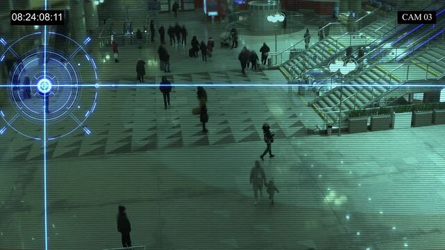 Interface of biometric face recognition program. Screen of video surveillance camera, CCTV. Automatic system using artificial intelligence identifies people's faces in a crowded place. 4k footage