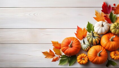 festive autumn composition from pumpkins andcolorful leaves on a white wooden background thanksgiving day