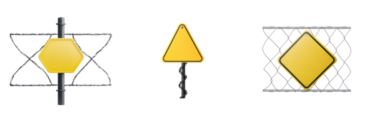 Three yellow warning signs with distinct shapes, including hexagonal, triangular, and diamond, displayed in various formats.