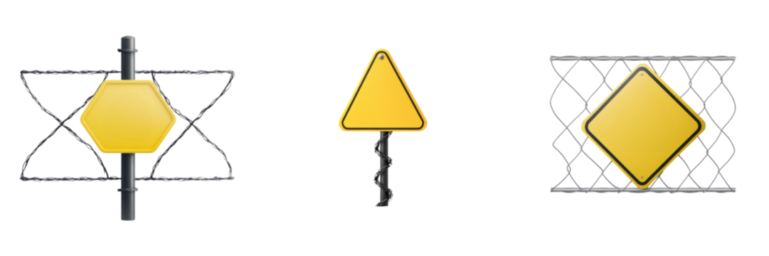 Three yellow warning signs with distinct shapes, including hexagonal, triangular, and diamond, displayed in various formats.