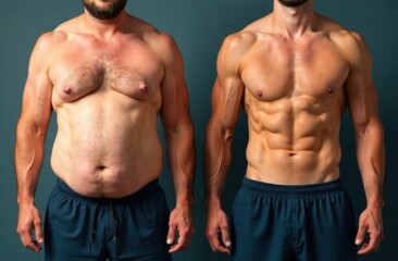 Fototapeta premium Transformation of a man's body: before and after fitness and weight loss journey