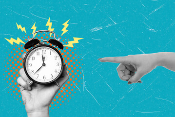 Modern art collage featuring a hand with a ringing alarm clock and a hand pointing at the alarm...