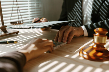Lawyer receiving money from a client in an office, showing corruption and bribery. Shadows and...