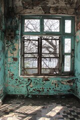 Abandoned Window in Crumbling Building, Branches Visible Outside
