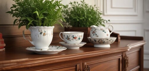 Porcelain teacup and saucer filled with fragrant tea leaves on a elegant wooden sideboard, china cabinet, tableware, antique