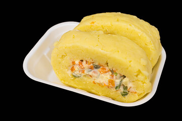 Closeup of Peruvian food Causa Rellena on black background, gastronomic recipe, Peruvian food gastronomic. Delicious Peruvian Tradition: Causa Rellena Recipe with Fresh Ingredients and Authentic Flavo