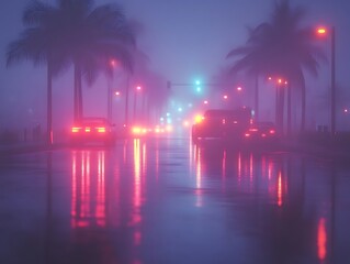 Fototapeta premium Nighttime Foggy Drive Through Tropical Cityscape