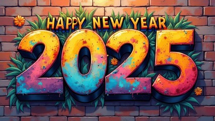 Vibrant Graffiti Art for Happy New Year 2025 on a Brick Wall