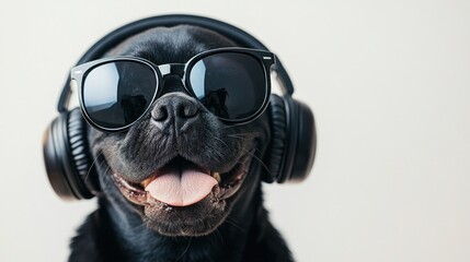 Cool black dog wearing headphones and sunglasses.