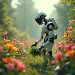 A robot with a helmet and white body is walking through a field of colorful flowers, possibly picking or tending to the plants.