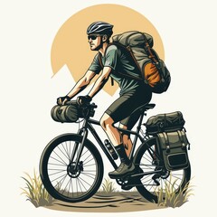 Man Cycling on Mountain Trail with Sunset Background and Large Backpack