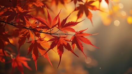 Close-Up of Vibrant Autumn Maple Leaves with Warm Golden Background