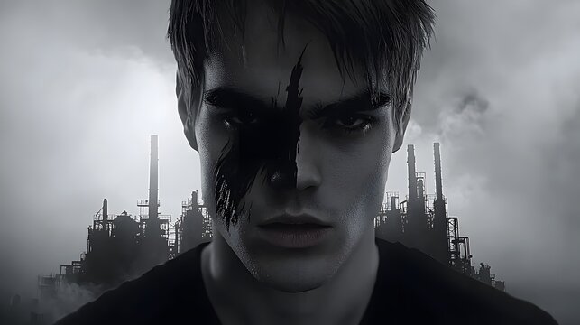 of a man with a serious expression, his face overlaid with the harsh silhouette of a factory, symbolizing the dehumanizing effects of toxic masculinity in the workforce. [men's]:[toxic masculinity] 