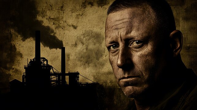 of a man with a serious expression, his face overlaid with the harsh silhouette of a factory, symbolizing the dehumanizing effects of toxic masculinity in the workforce. [men's]:[toxic masculinity] 