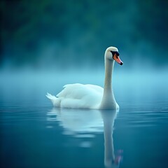 Fototapeta premium A majestic white swan glides across a tranquil, misty water surface, its reflection mirroring its elegant form as it moves away from the camera.