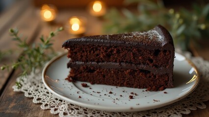 Close-Up of Chocolate Cake Slice with Powdered Sugar on White Plate