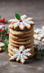 Fototapeta premium A stack of Christmas cookies with snowflakes and holly sprigs , christmas cookies, xmas baking