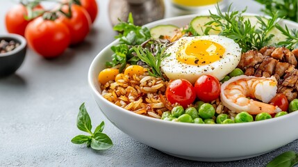 Vibrant Fried Rice Dish Garnished with Fresh Herbs and Vegetables